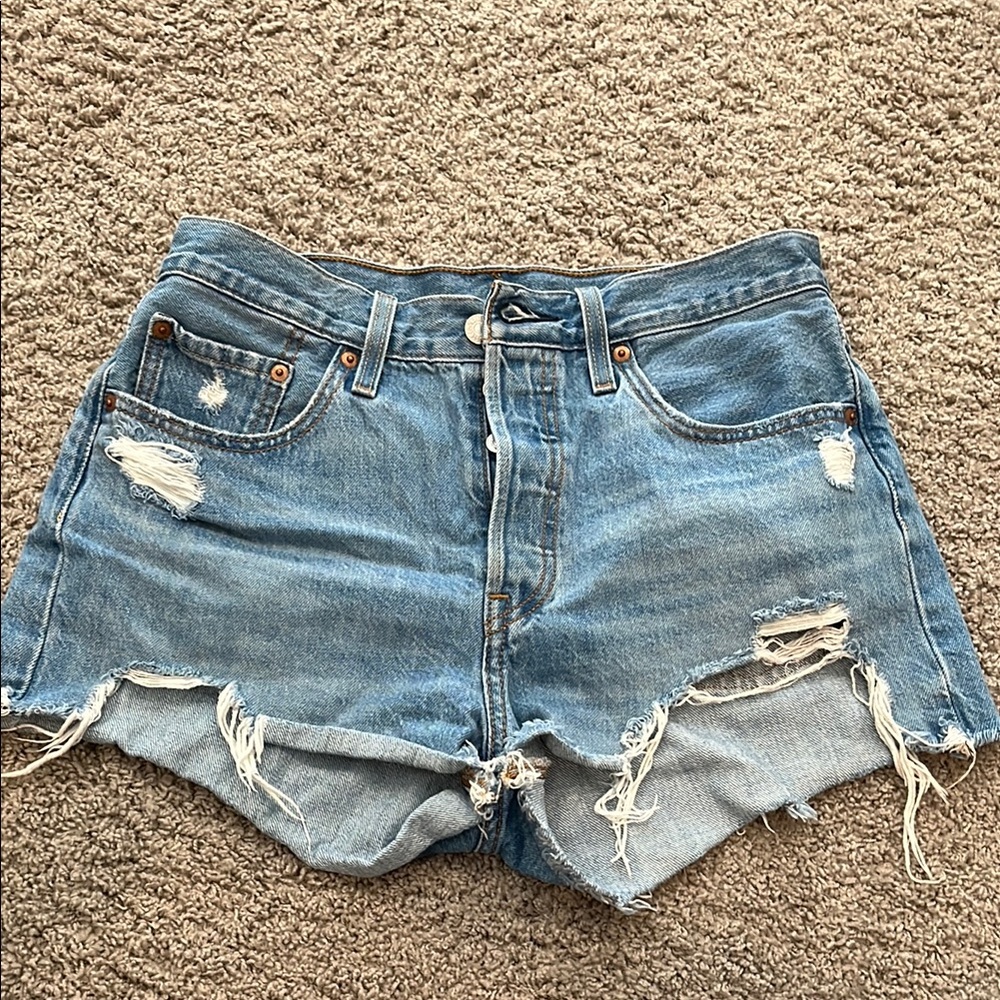 Levi's 501 Blue Distressed Jean Shorts with Frayed Hem